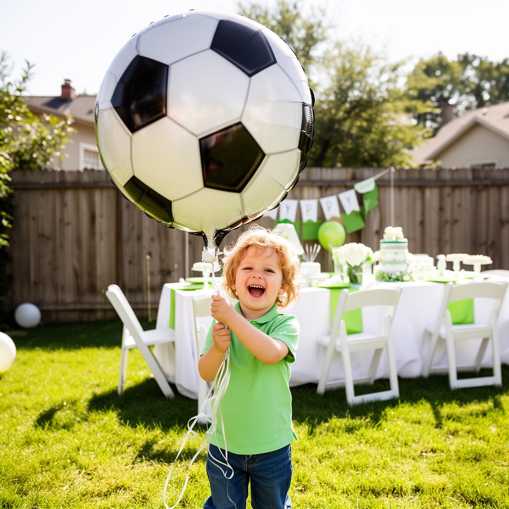 A kid at a sunny backyard birthday party holding a giant soccer-ball foil balloon